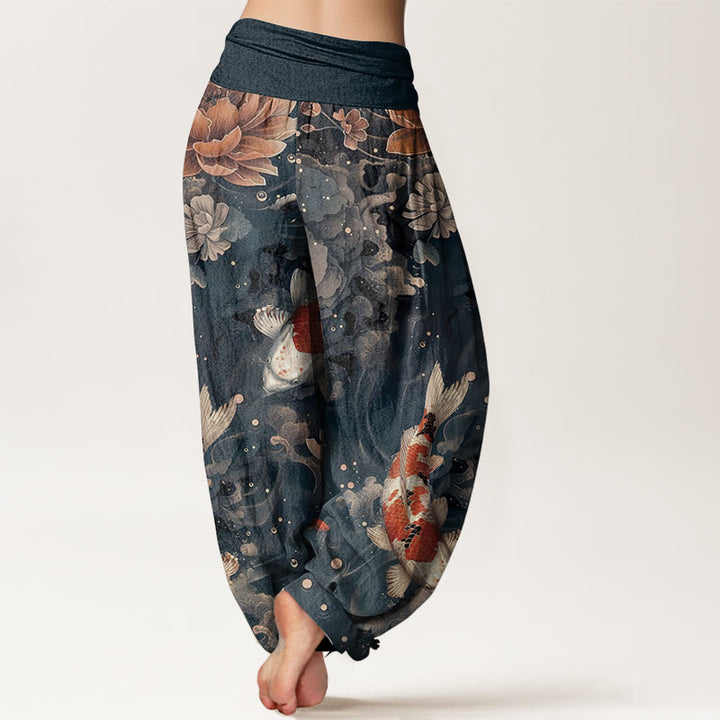 Pantalones harén de algodón puro con diseño de peces koi y flores de loto de Buddha Stones para mujer, cintura elástica