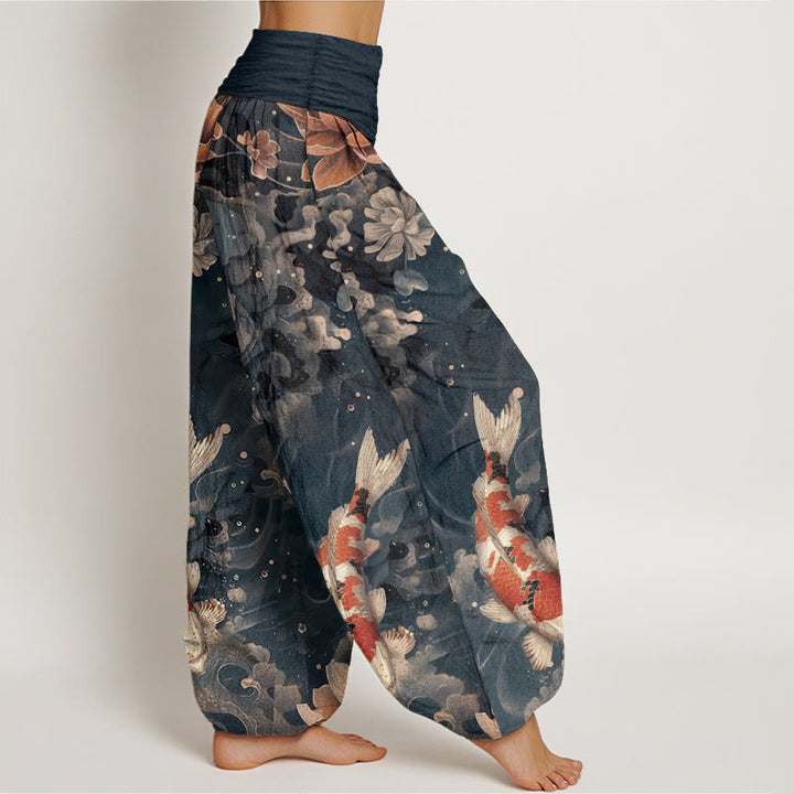 Pantalones harén de algodón puro con diseño de peces koi y flores de loto de Buddha Stones para mujer, cintura elástica