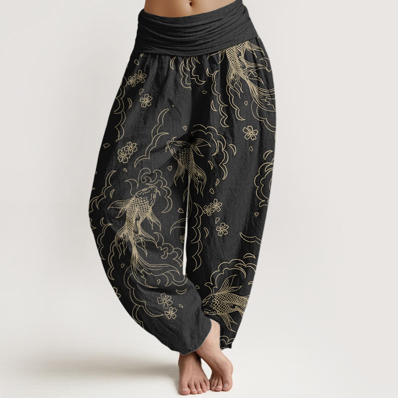 Pantalones Buddha Stones de algodón puro con estampado de peces koi y pétalos para mujer, informales, con cintura elástica - Negro - US22，UK/AU26，EU54 (6XL) - image 0