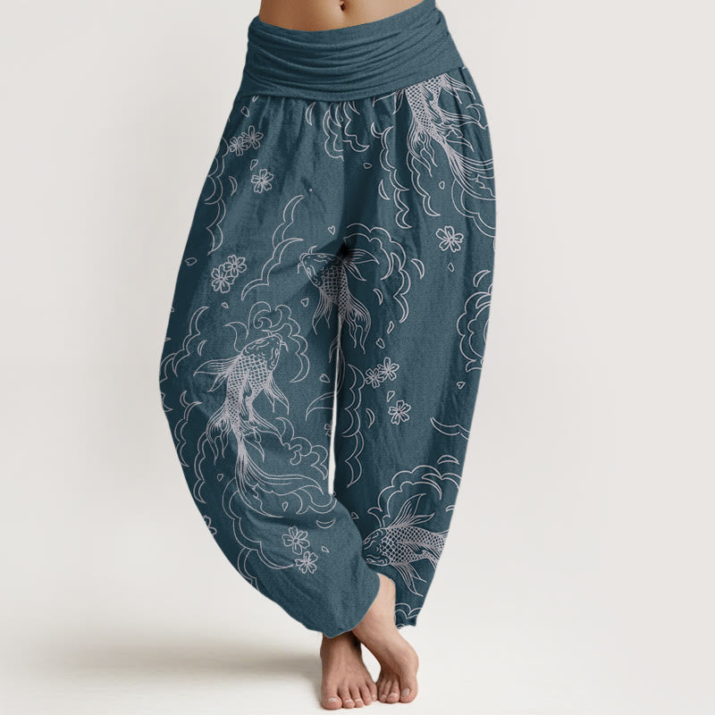 Pantalones Buddha Stones de algodón puro con estampado de peces koi y pétalos para mujer, informales, con cintura elástica - Azul acero - US22，UK/AU26，EU54 (6XL) - image 8