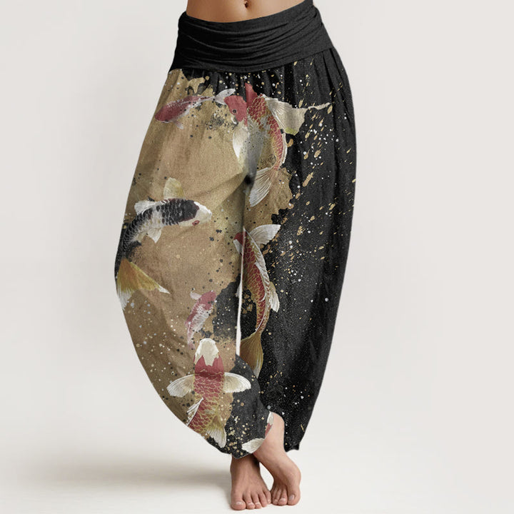 Pantalones Buddha Stones de algodón puro con estampado de peces koi y tinta dorada para mujer, con cintura elástica
