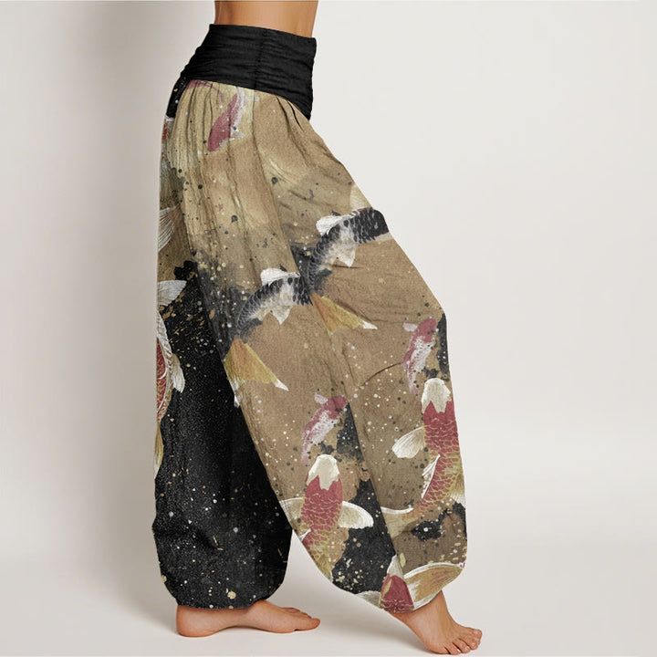 Pantalones Buddha Stones de algodón puro con estampado de peces koi y tinta dorada para mujer, con cintura elástica