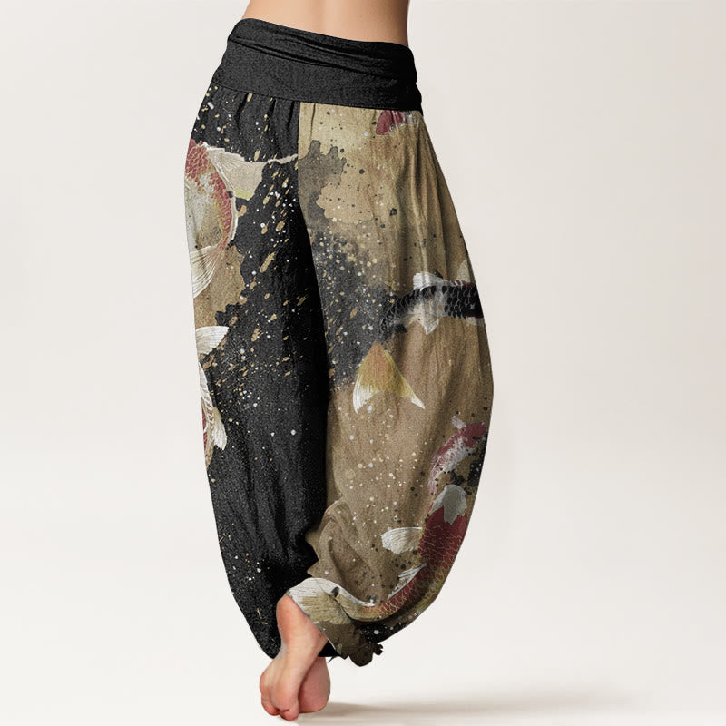 Pantalones Buddha Stones de algodón puro con estampado de peces koi y tinta dorada para mujer, con cintura elástica