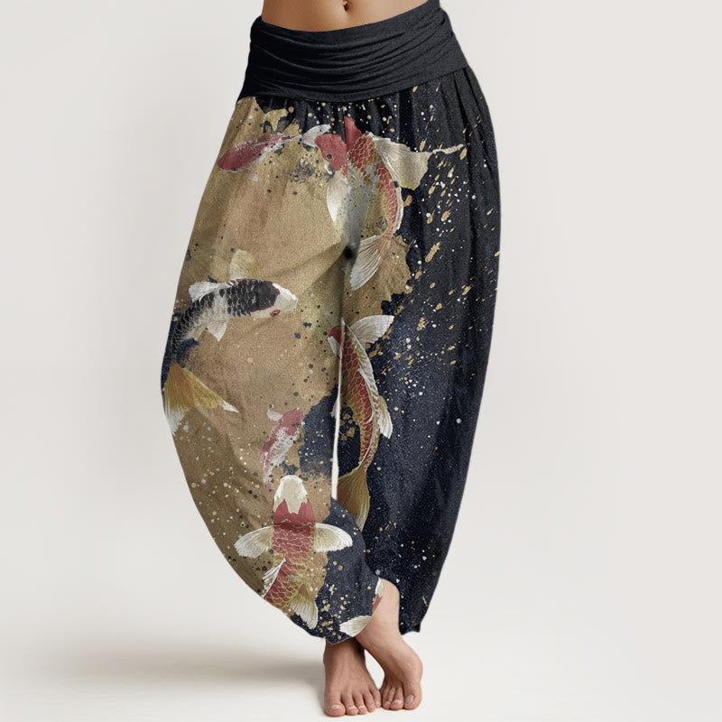 Pantalones Buddha Stones de algodón puro con estampado de peces koi y tinta dorada para mujer, con cintura elástica