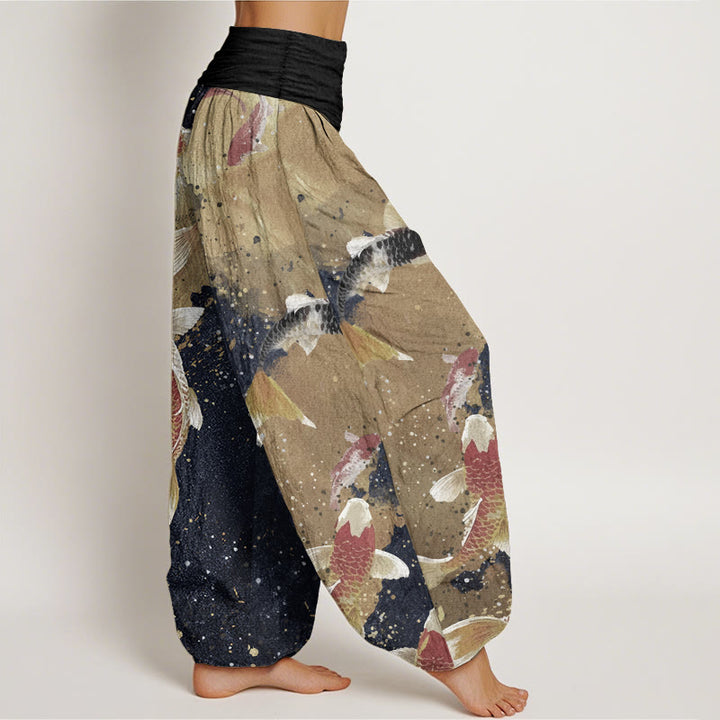 Pantalones Buddha Stones de algodón puro con estampado de peces koi y tinta dorada para mujer, con cintura elástica