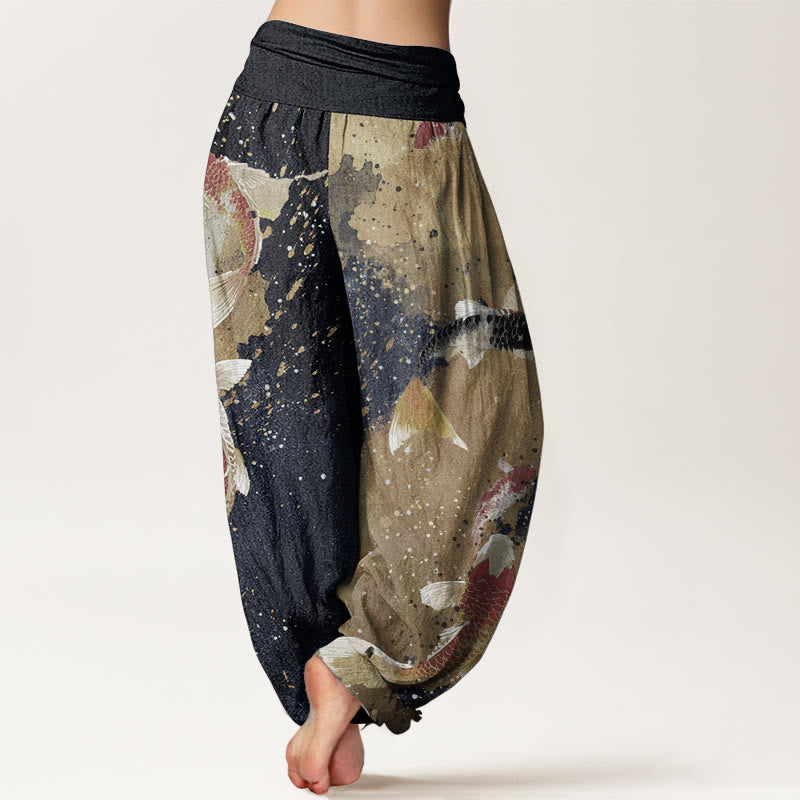 Pantalones Buddha Stones de algodón puro con estampado de peces koi y tinta dorada para mujer, con cintura elástica