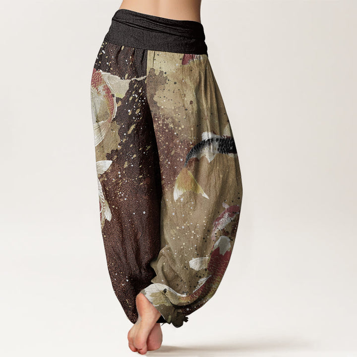 Pantalones Buddha Stones de algodón puro con estampado de peces koi y tinta dorada para mujer, con cintura elástica