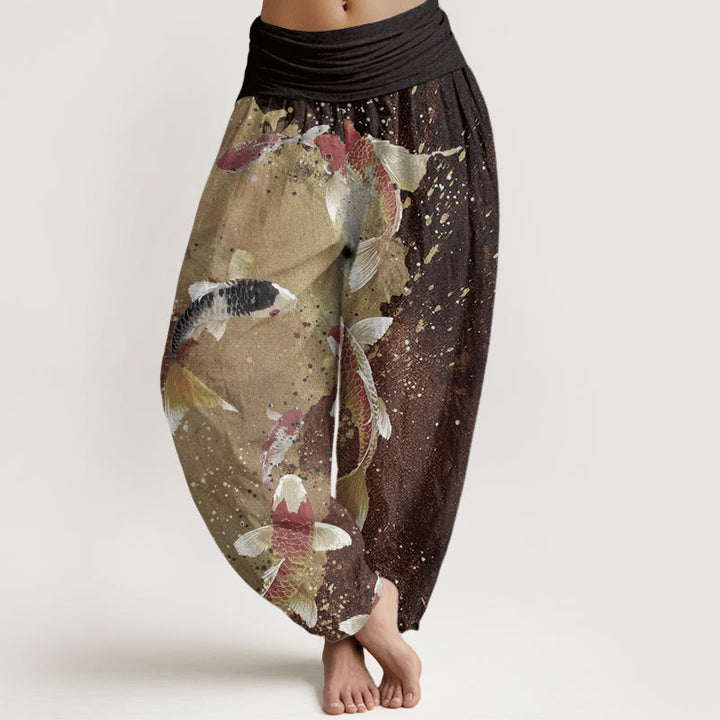 Pantalones Buddha Stones de algodón puro con estampado de peces koi y tinta dorada para mujer, con cintura elástica