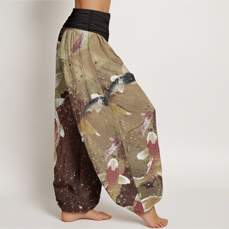 Pantalones Buddha Stones de algodón puro con estampado de peces koi y tinta dorada para mujer, con cintura elástica