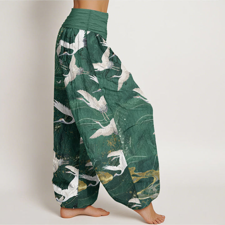 Pantalones Buddha Stones de algodón puro con diseño de grullas blancas voladoras y nubes auspiciosas para mujer, con cintura elástica - image 2
