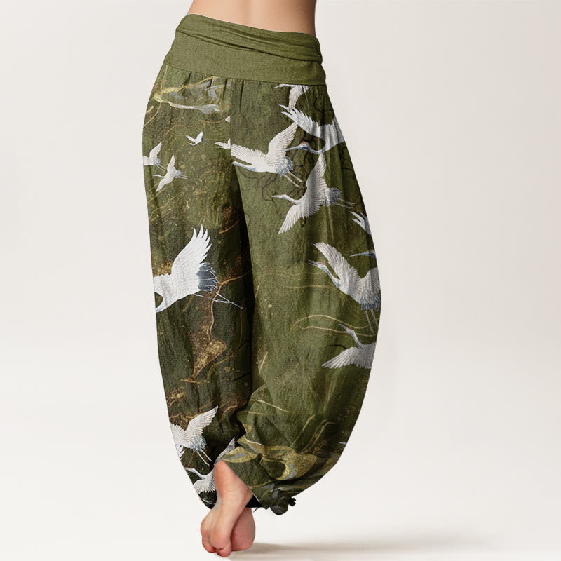Pantalones Buddha Stones de algodón puro con diseño de grullas blancas voladoras y nubes auspiciosas para mujer, con cintura elástica - image 10