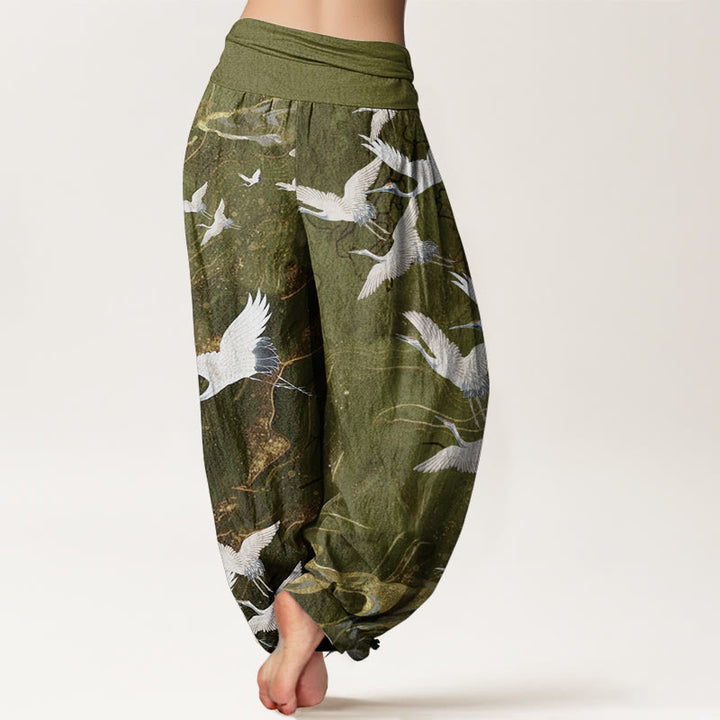 Pantalones Buddha Stones de algodón puro con diseño de grullas blancas voladoras y nubes auspiciosas para mujer, con cintura elástica - image 10