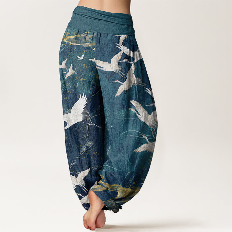 Pantalones Buddha Stones de algodón puro con diseño de grullas blancas voladoras y nubes auspiciosas para mujer, con cintura elástica - image 7