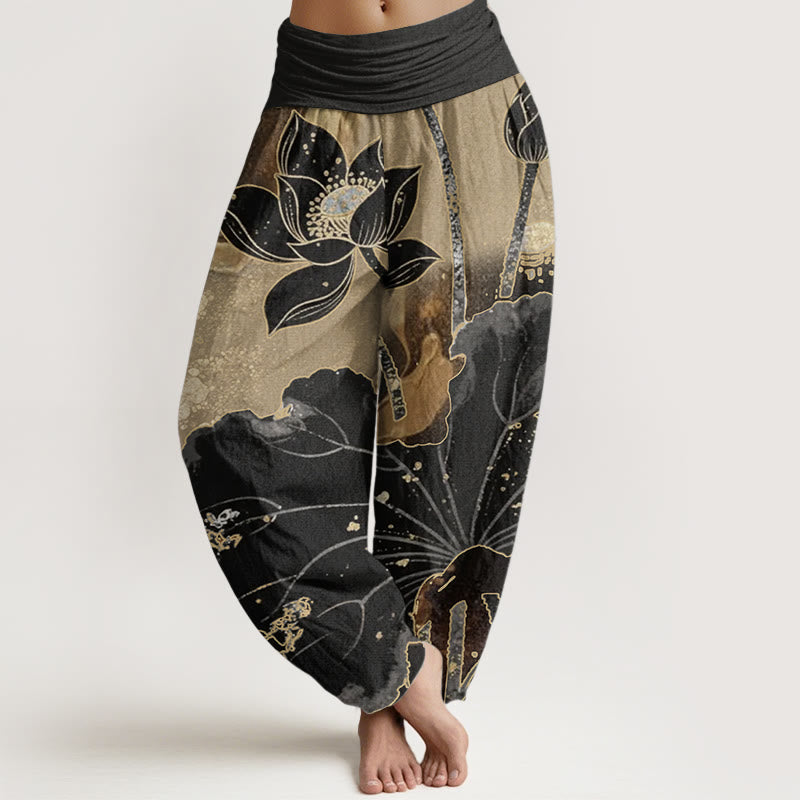 Pantalones Buddha Stones de algodón puro con estampado de pétalos de loto para mujer, informales, con cintura elástica - Negro - US22，UK/AU26，EU54 (6XL) - image 0