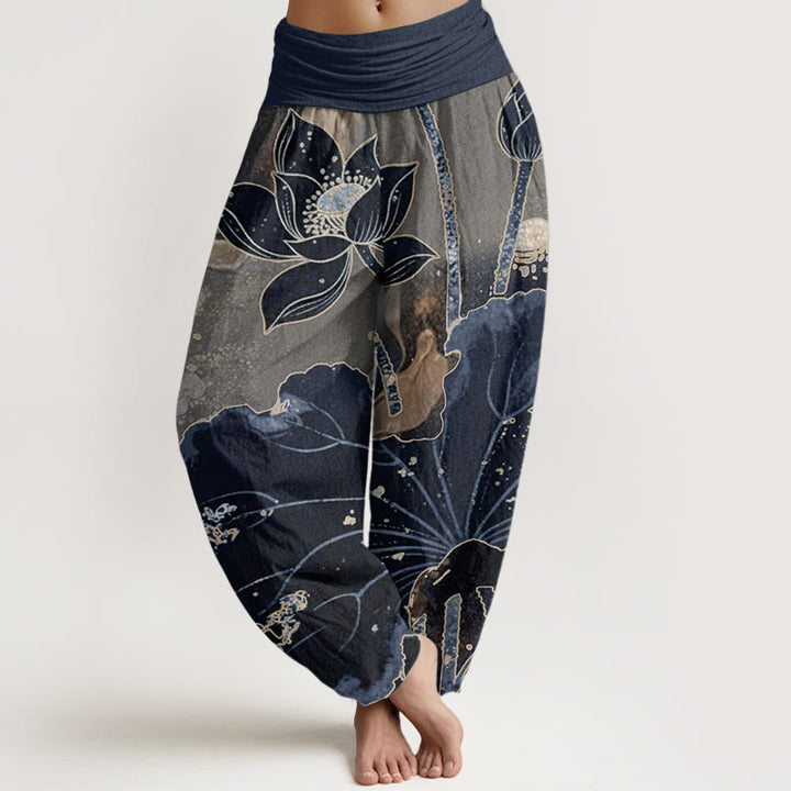 Pantalones Buddha Stones de algodón puro con estampado de pétalos de loto para mujer, informales, con cintura elástica - Marina de guerra - US22，UK/AU26，EU54 (6XL) - image 9