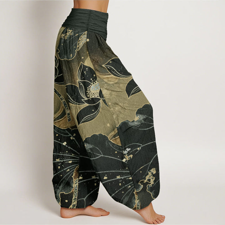 Pantalones Buddha Stones de algodón puro con estampado de pétalos de loto para mujer, informales, con cintura elástica