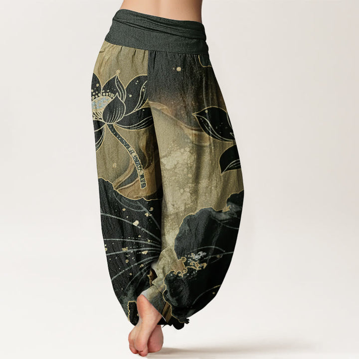 Pantalones Buddha Stones de algodón puro con estampado de pétalos de loto para mujer, informales, con cintura elástica