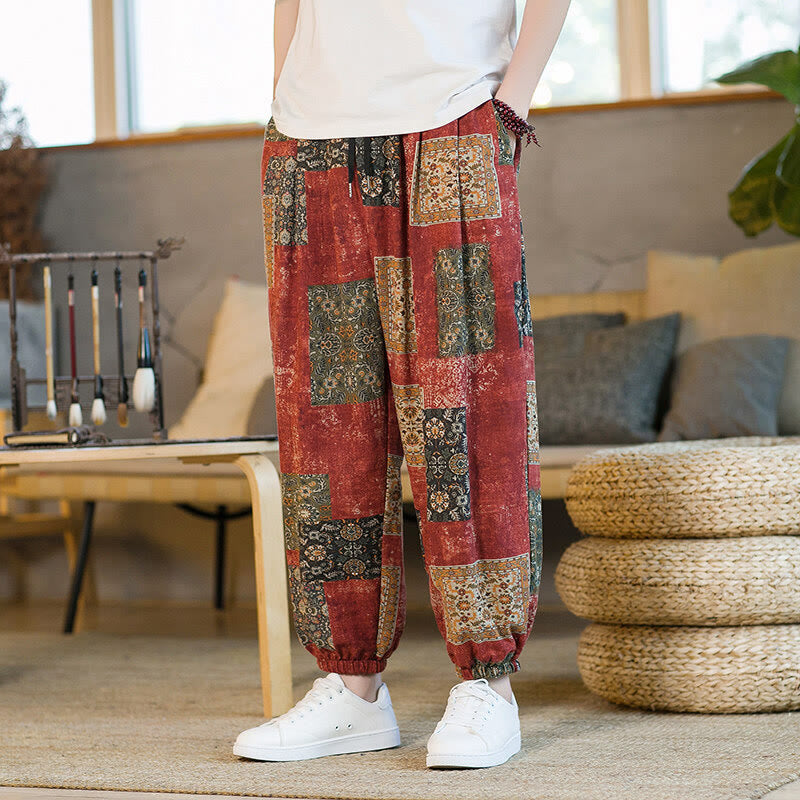 Pantalones harén de lino y algodón con diseño de patchwork cuadrado de verano Buddha Stones para hombre, hasta el tobillo, con bolsillos - Rojo - US/UK/AU46, EU56 (5XL) - image 9