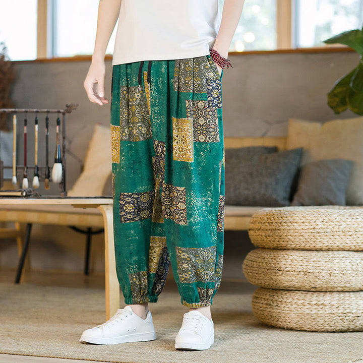 Pantalones harén de lino y algodón con diseño de patchwork cuadrado de verano Buddha Stones para hombre, hasta el tobillo, con bolsillos - Aguamarina medio - US/UK/AU46, EU56 (5XL) - image 18