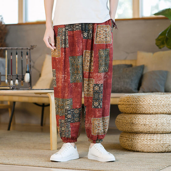 Pantalones harem para hombre hasta el tobillo con bolsillos, estampado de patchwork cuadrado y Buddha Stones para el verano. - image 10