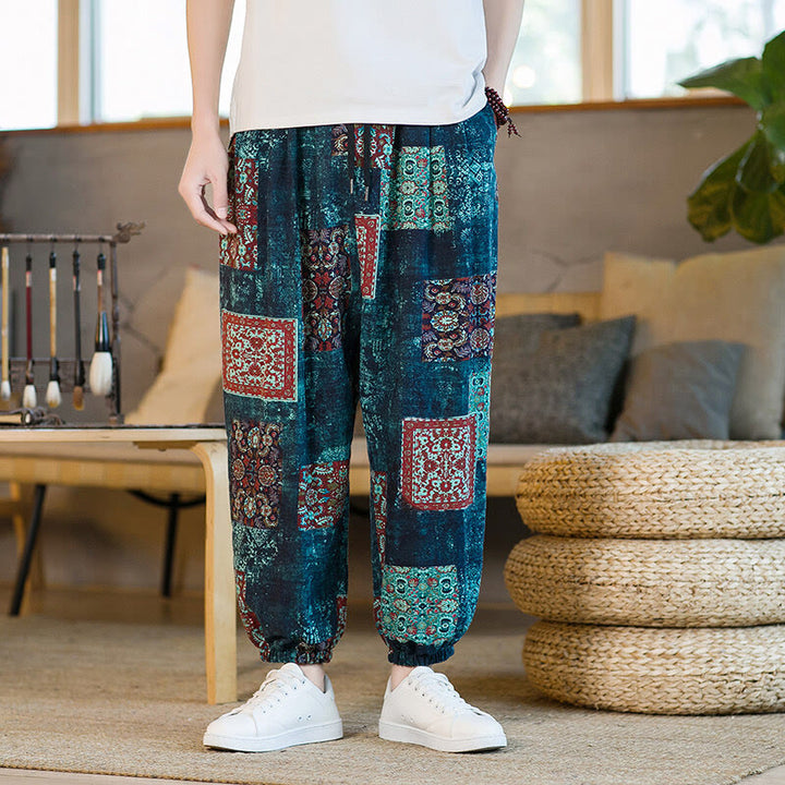 Pantalones harem para hombre hasta el tobillo con bolsillos, estampado de patchwork cuadrado y Buddha Stones para el verano. - image 32
