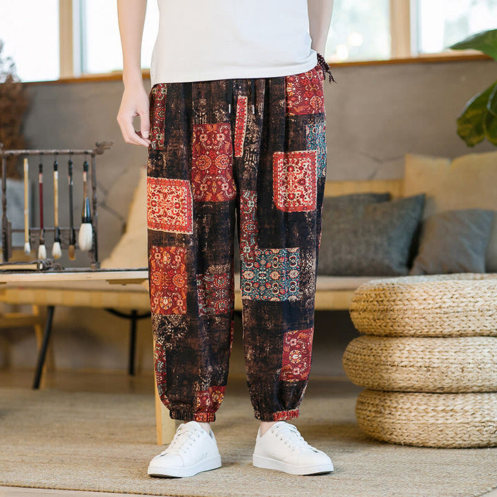 Pantalones harén de lino y algodón con diseño de patchwork cuadrado de verano Buddha Stones para hombre, hasta el tobillo, con bolsillos - image 1