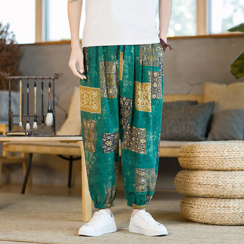 Pantalones harén de lino y algodón con diseño de patchwork cuadrado de verano Buddha Stones para hombre, hasta el tobillo, con bolsillos - image 19