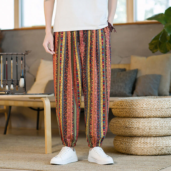Pantalones harén de lino y algodón con rayas de colores de Buddha Stones para hombre, hasta el tobillo, con bolsillos - Salmón oscuro - US/UK/AU46, EU56 (5XL) - image 10