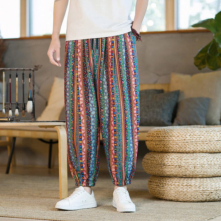 Pantalones harén de lino y algodón con rayas de colores de Buddha Stones para hombre, hasta el tobillo, con bolsillos - Azul claro - US/UK/AU46, EU56 (5XL) - image 19