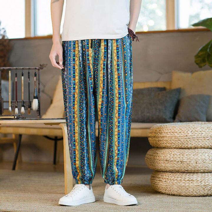 Pantalones harén de lino y algodón con rayas de colores de Buddha Stones para hombre, hasta el tobillo, con bolsillos - image 1