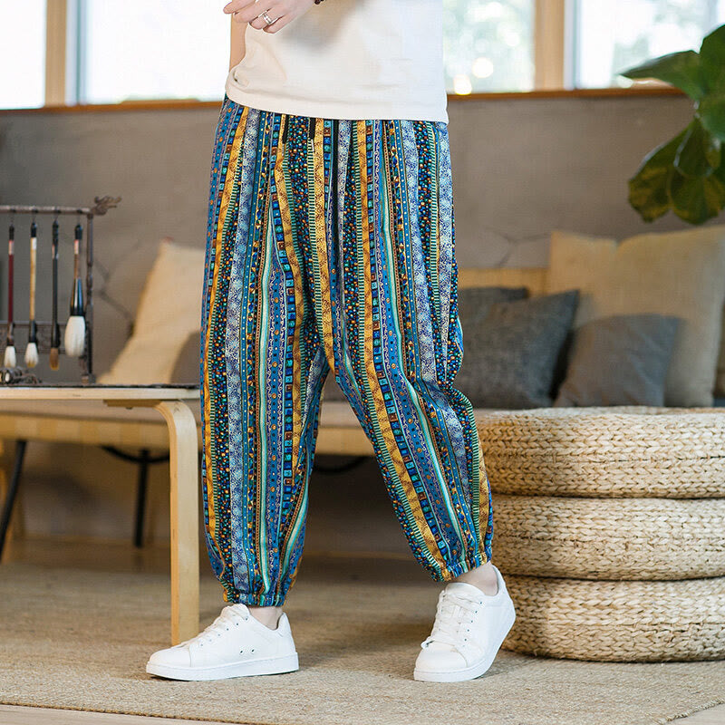 Pantalones harén de lino y algodón con rayas de colores de Buddha Stones para hombre, hasta el tobillo, con bolsillos - Celeste - US/UK/AU46, EU56 (5XL) - image 0