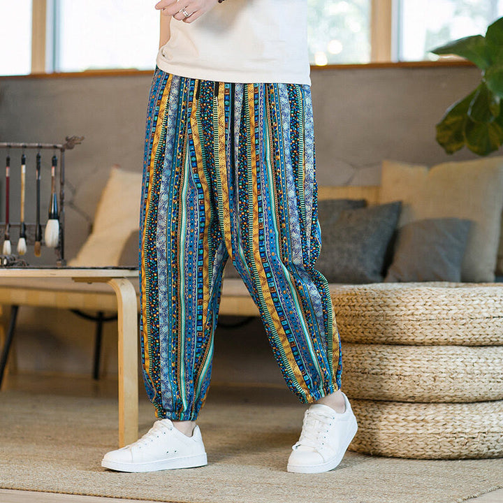Pantalones harén de lino y algodón con rayas de colores de Buddha Stones para hombre, hasta el tobillo, con bolsillos - Celeste - US/UK/AU46, EU56 (5XL) - image 0