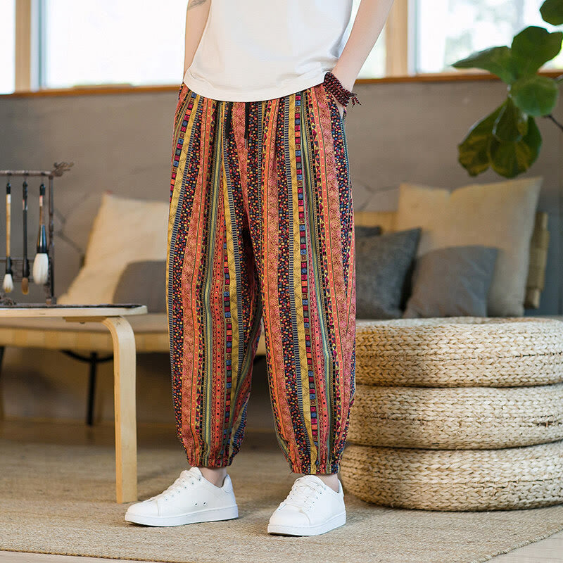 Pantalones harén de lino y algodón con rayas de colores de Buddha Stones para hombre, hasta el tobillo, con bolsillos - image 11