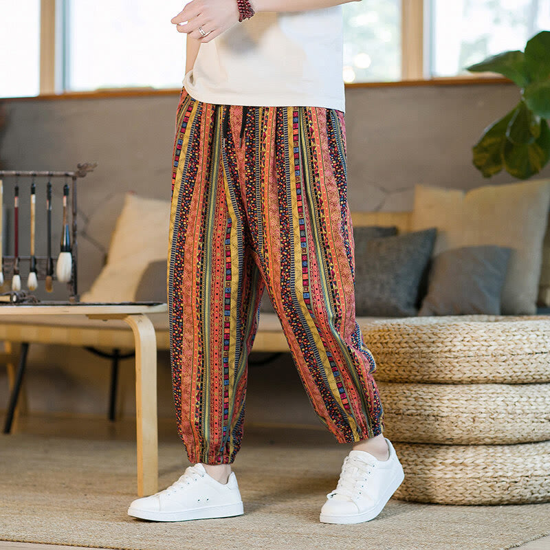 Pantalones harén de lino y algodón con rayas de colores de Buddha Stones para hombre, hasta el tobillo, con bolsillos - image 12