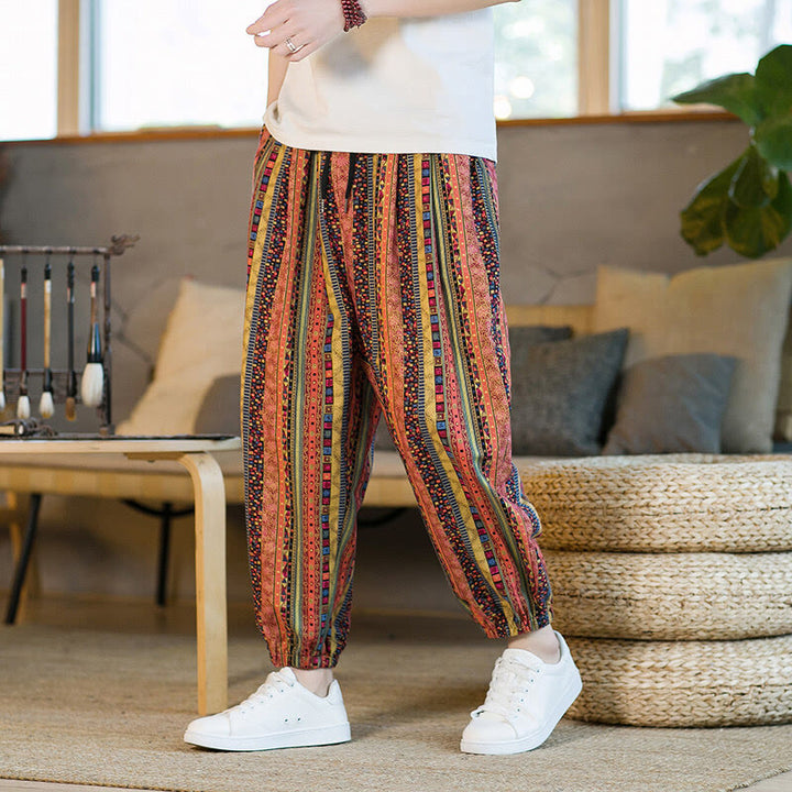 Pantalones harén de lino y algodón con rayas de colores de Buddha Stones para hombre, hasta el tobillo, con bolsillos - image 12
