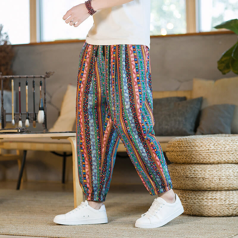 Pantalones harén de lino y algodón con rayas de colores de Buddha Stones para hombre, hasta el tobillo, con bolsillos - image 20