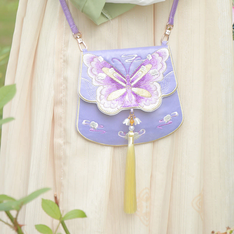 Buddha Stones suerte bordado loto Koi pez conejo flor Hanfu bolso bandolera bolso de hombro - mariposa morada - image 23