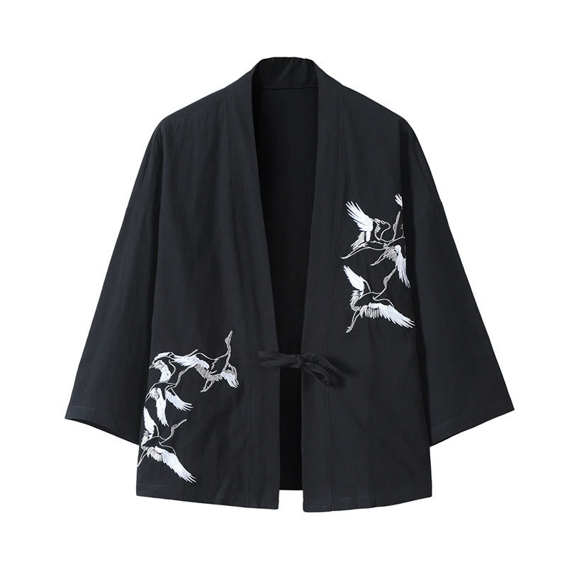 Chaqueta tipo kimono para hombre, de lino y algodón, con bordado de Buddha Stones y grullas blancas voladoras. - Negro - US/UK/AU46, EU56 (5XL) - image 13