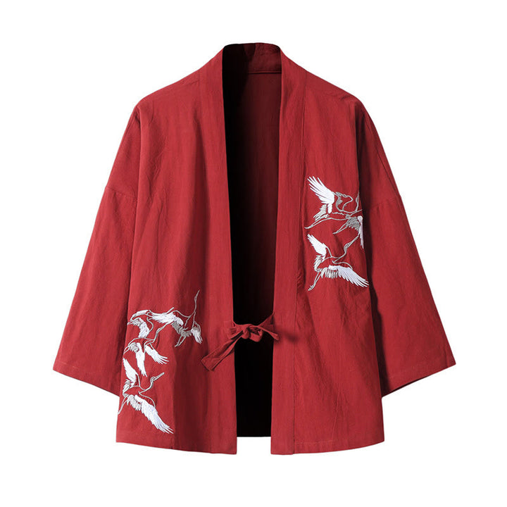 Chaqueta tipo kimono para hombre, de lino y algodón, con bordado de Buddha Stones y grullas blancas voladoras. - Rojo - US/UK/AU46, EU56 (5XL) - image 2