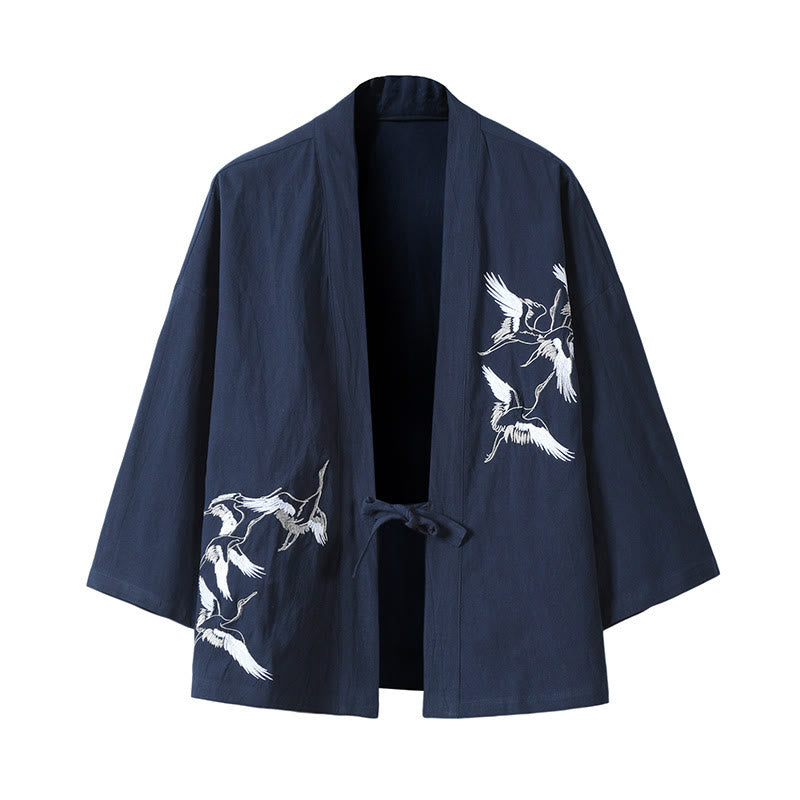 Chaqueta tipo kimono para hombre, de lino y algodón, con bordado de Buddha Stones y grullas blancas voladoras. - Azul acero - US/UK/AU46, EU56 (5XL) - image 15