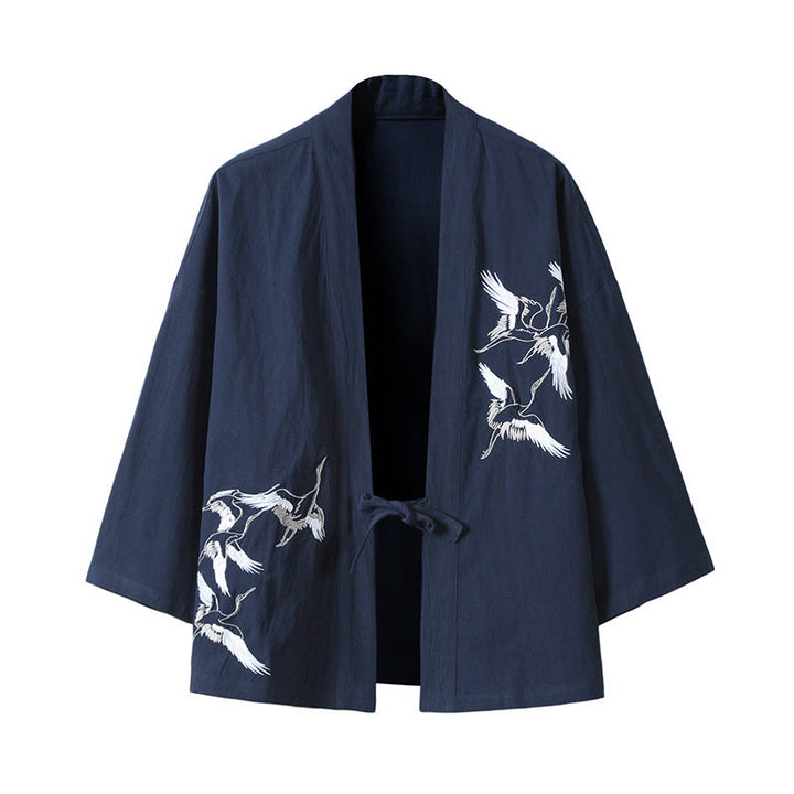 Chaqueta tipo kimono para hombre, de lino y algodón, con bordado de Buddha Stones y grullas blancas voladoras. - Azul acero - US/UK/AU46, EU56 (5XL) - image 15