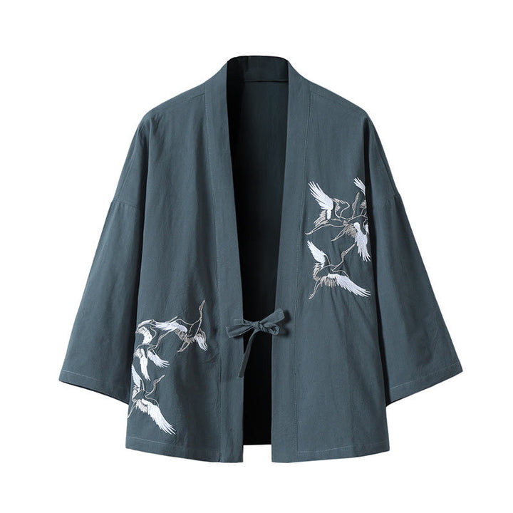 Chaqueta tipo kimono para hombre, de lino y algodón, con bordado de Buddha Stones y grullas blancas voladoras. - Azul cadete - US/UK/AU46, EU56 (5XL) - image 0
