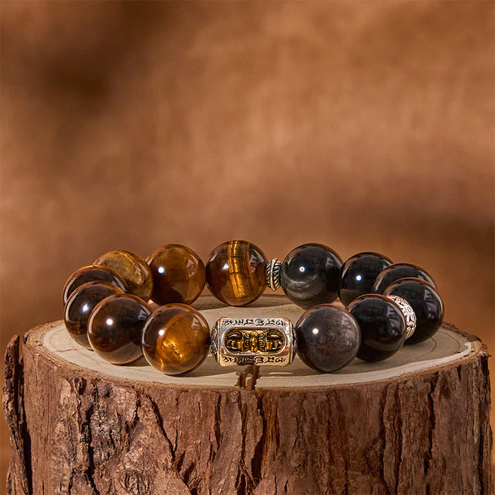 Pulsera protectora Vajra de obsidiana y ojo de tigre con brillo plateado natural de Buddha Stones