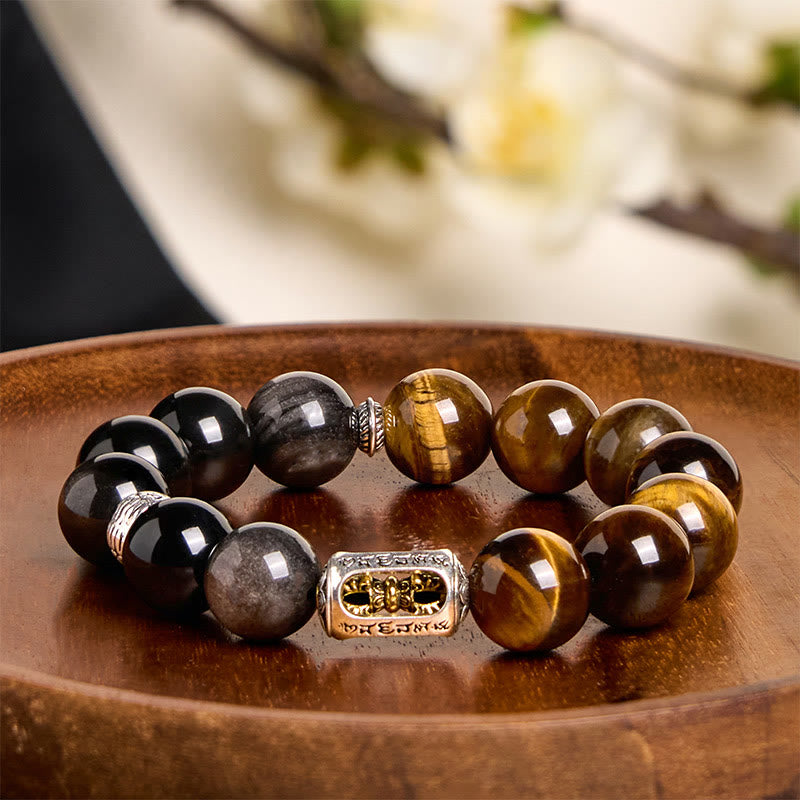 Pulsera protectora Vajra de obsidiana y ojo de tigre con brillo plateado natural de Buddha Stones