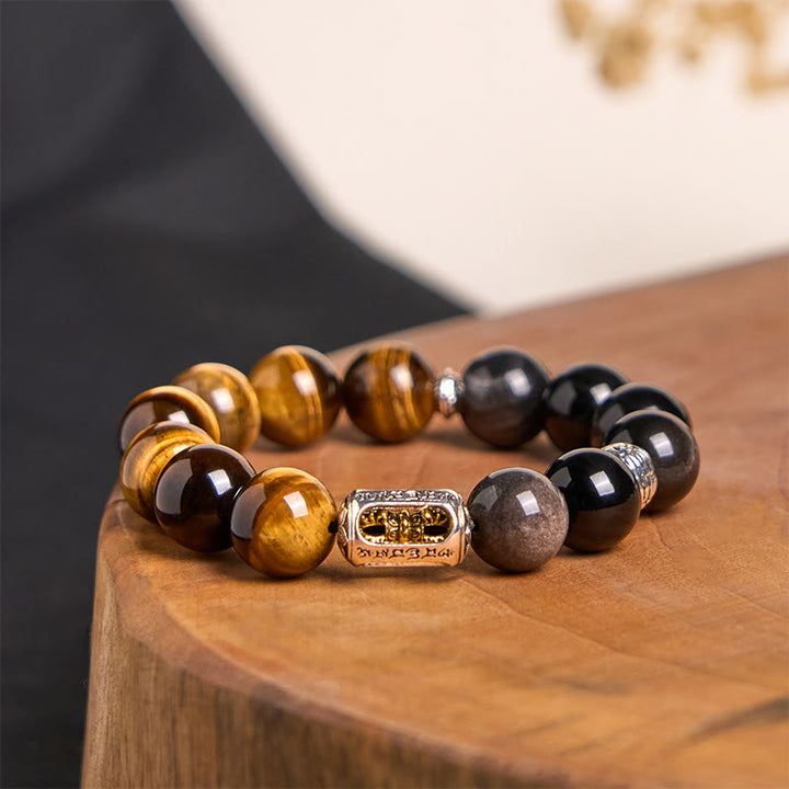 Pulsera protectora Vajra de obsidiana y ojo de tigre con brillo plateado natural de Buddha Stones