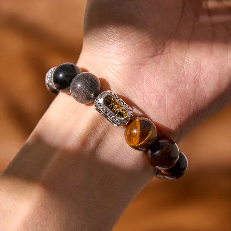 Pulsera protectora Vajra de obsidiana y ojo de tigre con brillo plateado natural de Buddha Stones