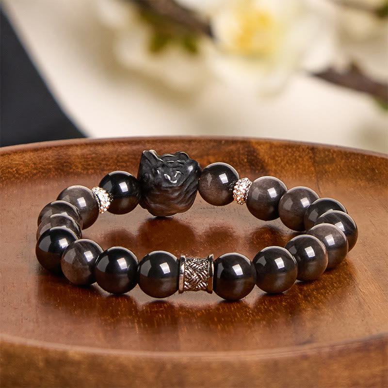 Pulsera protectora de obsidiana con brillo de plata natural y Buddha Stones para danza del león