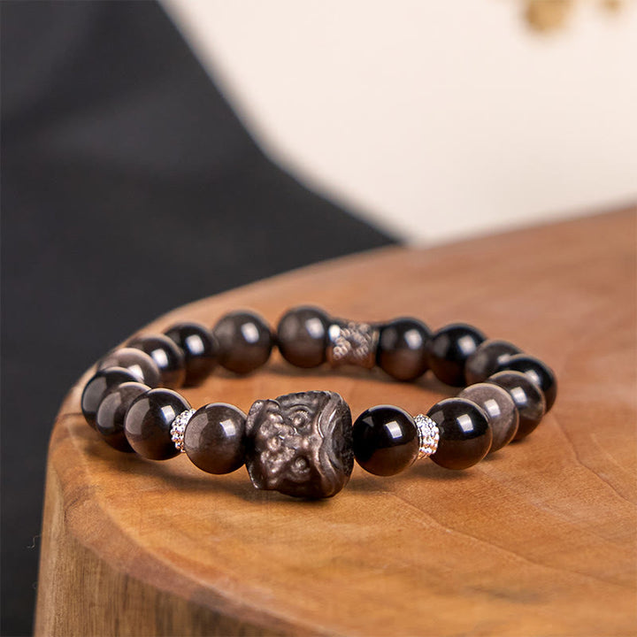 Pulsera protectora de obsidiana con brillo de plata natural y Buddha Stones para danza del león