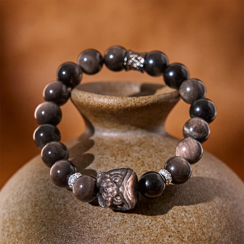 Pulsera protectora de obsidiana con brillo de plata natural y Buddha Stones para danza del león