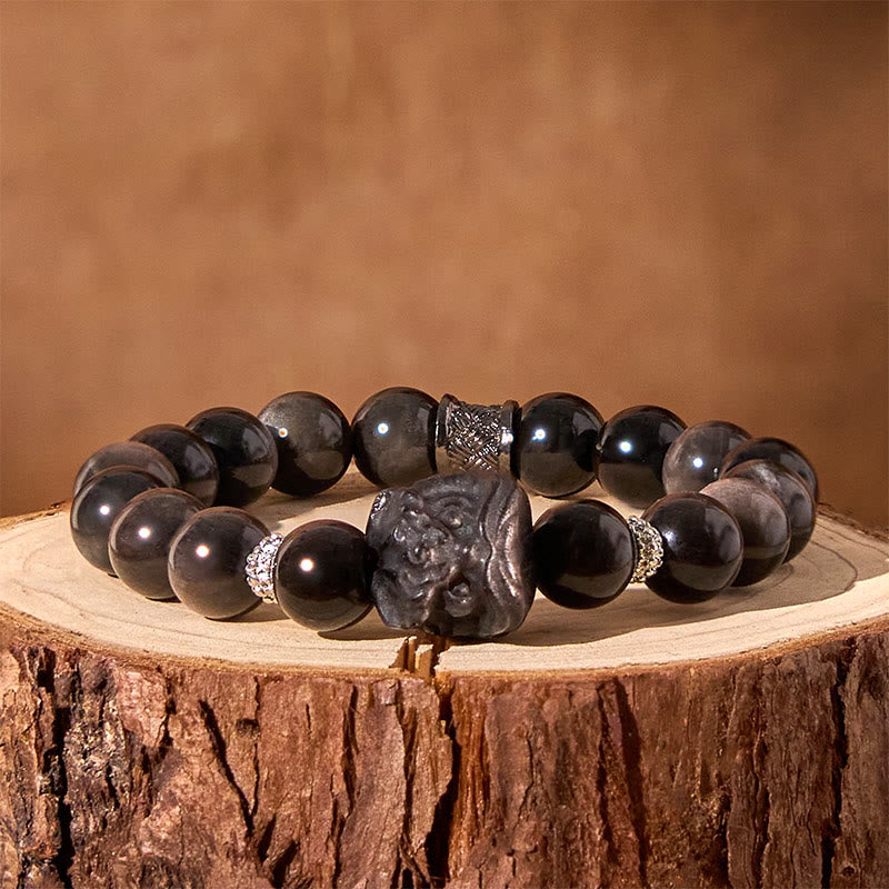 Pulsera protectora de obsidiana con brillo de plata natural y Buddha Stones para danza del león